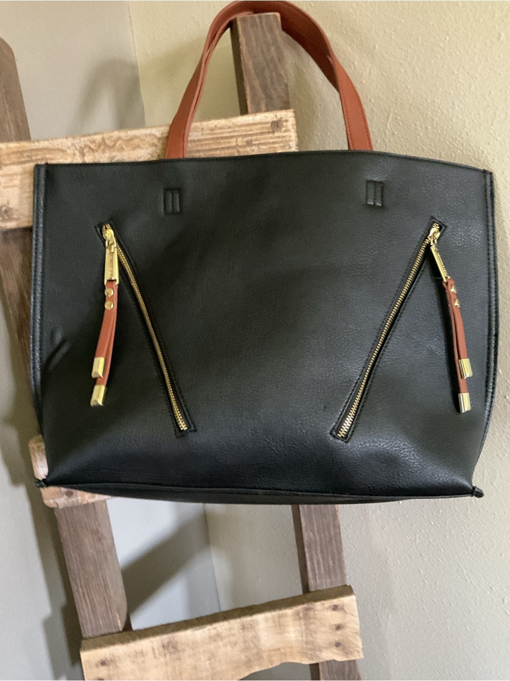 Steve Madden Black Tote with Brown Handles and Gold Hardware